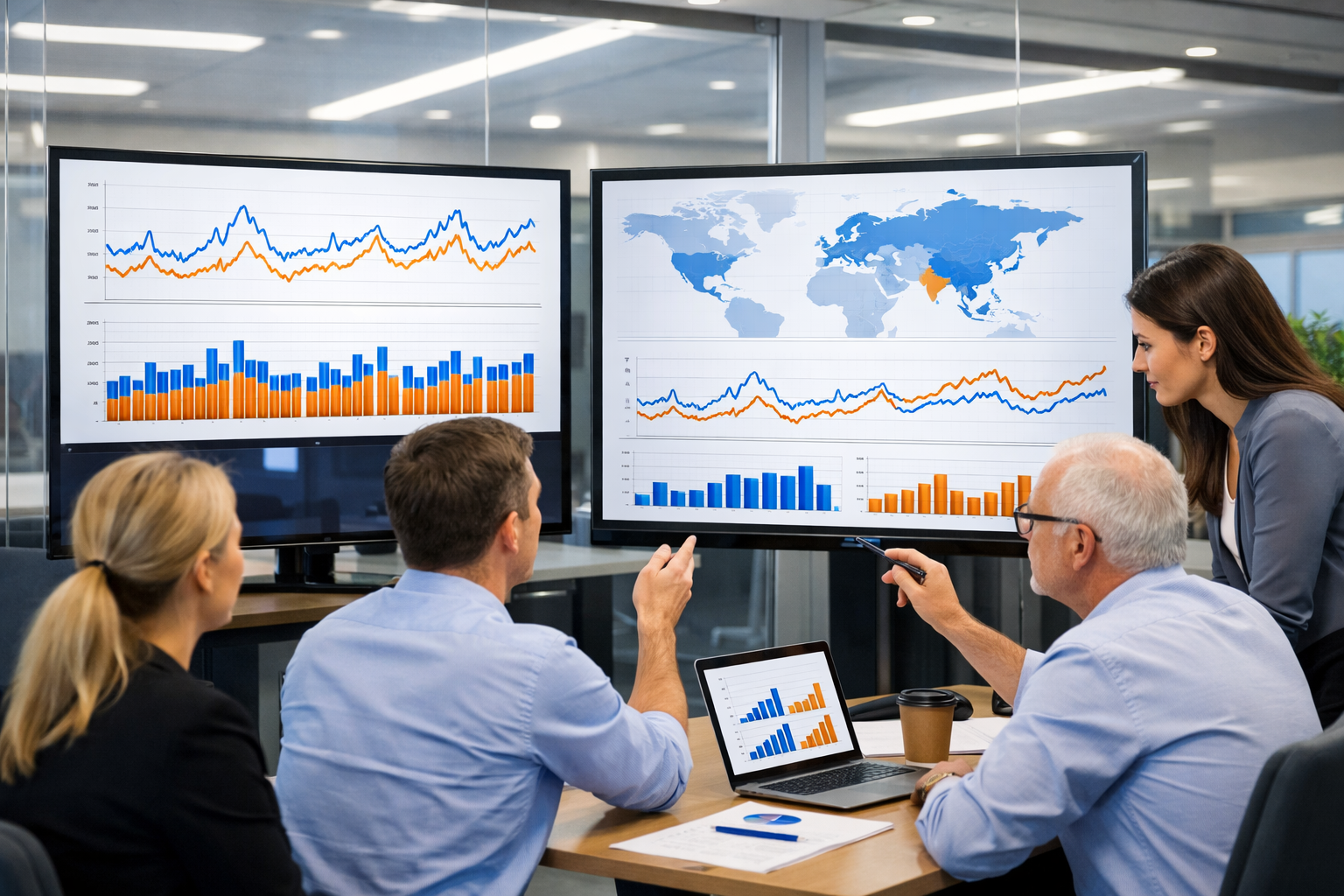 Analytics team reviewing data charts on search volumes in a modern office.