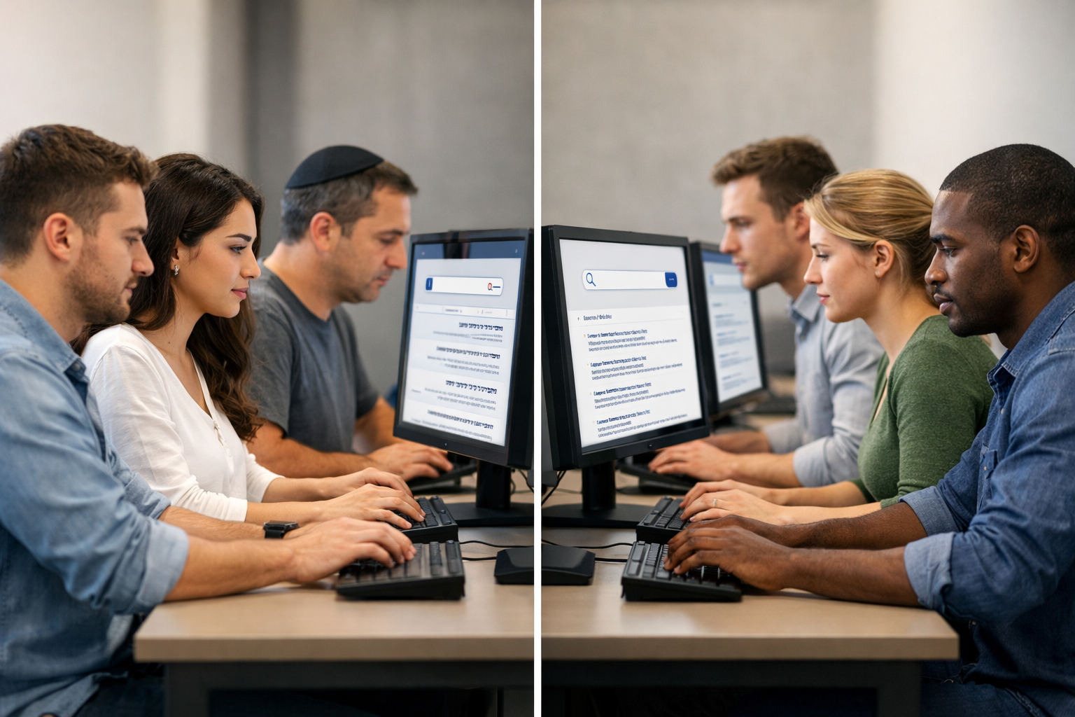 Groups using computers showing Hebrew and English search behavior contrasts.