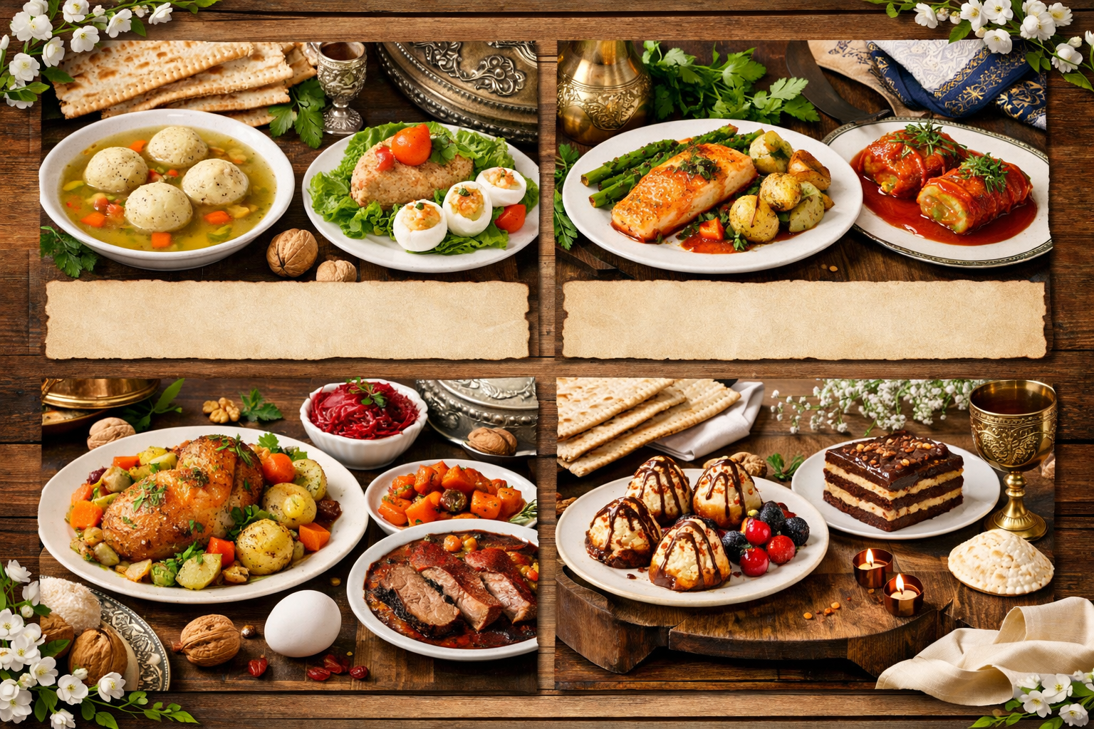 Menu with seasonal Jewish holiday dishes and decorations.