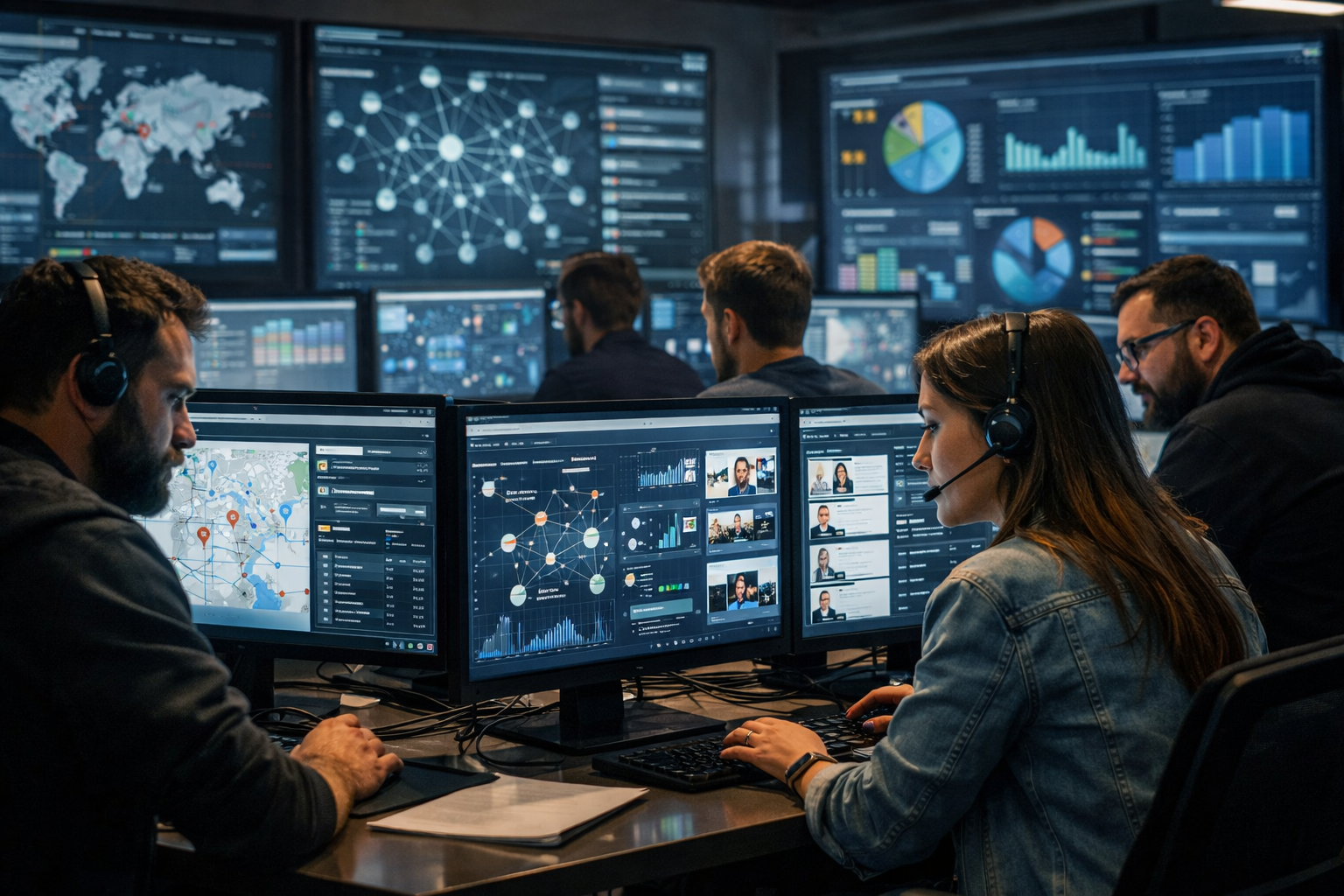 SEO specialists analyzing entity data on computer screens.