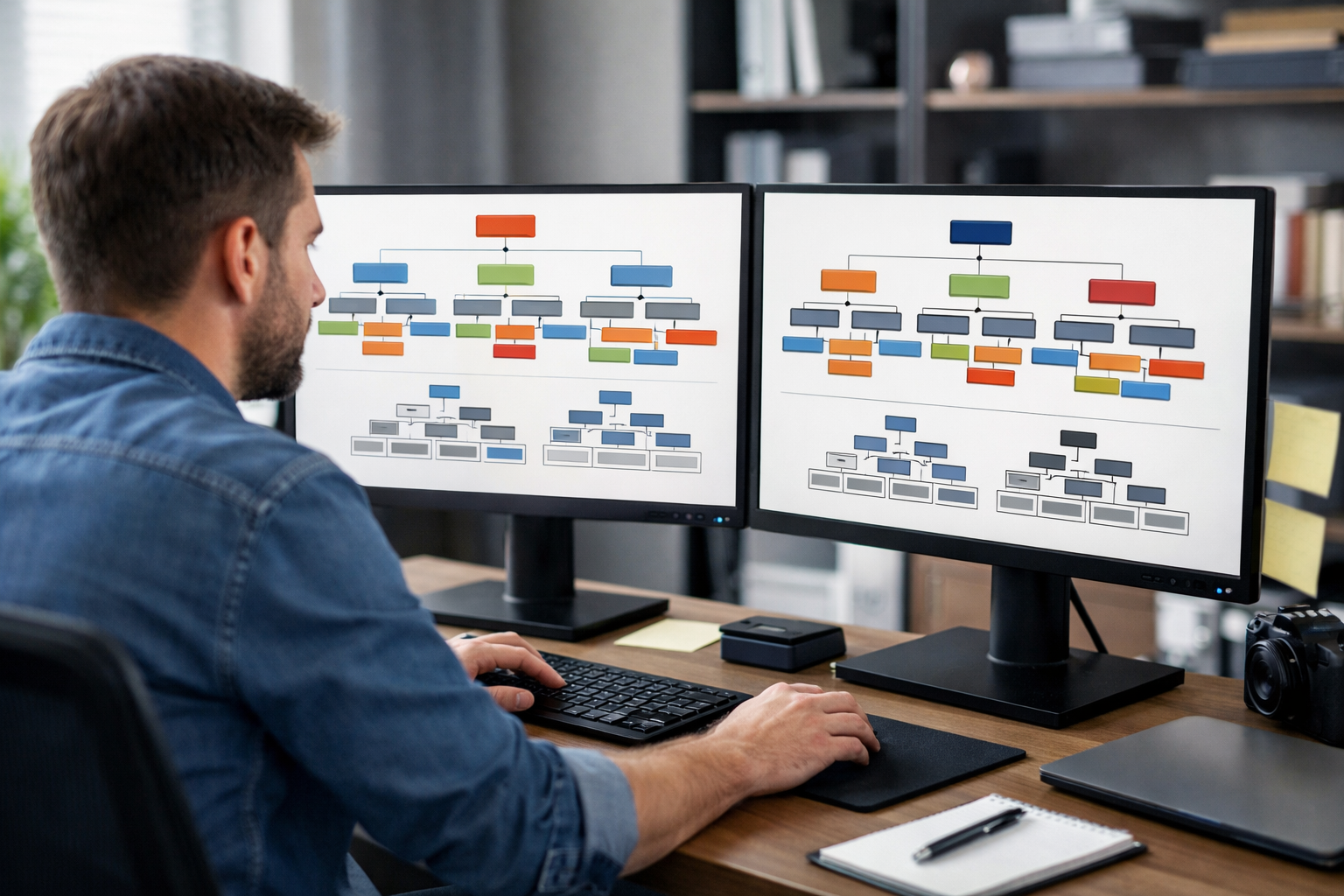 Developer reviewing bilingual SEO architecture on dual monitors.