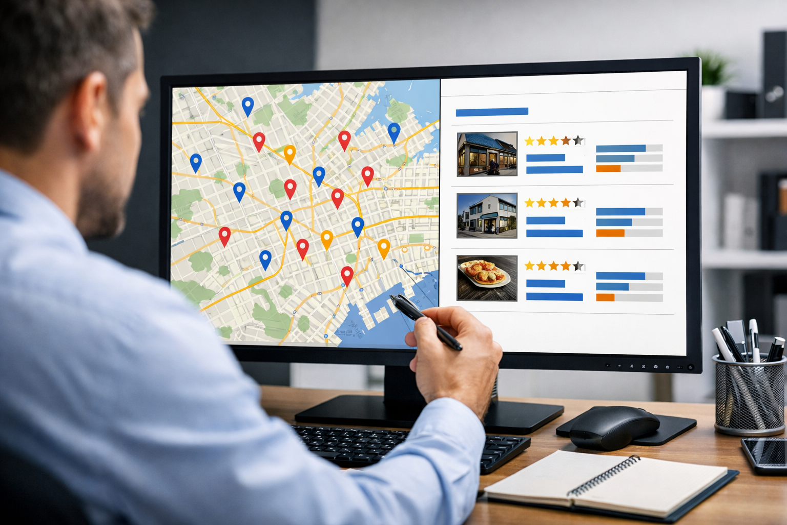 Person reviewing SEO audit reports on computer, office setting.
