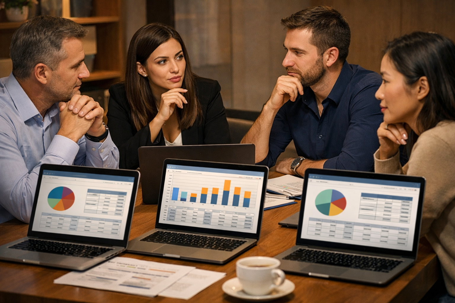 Team planning SEO budget allocation for Hebrew and English in a meeting.