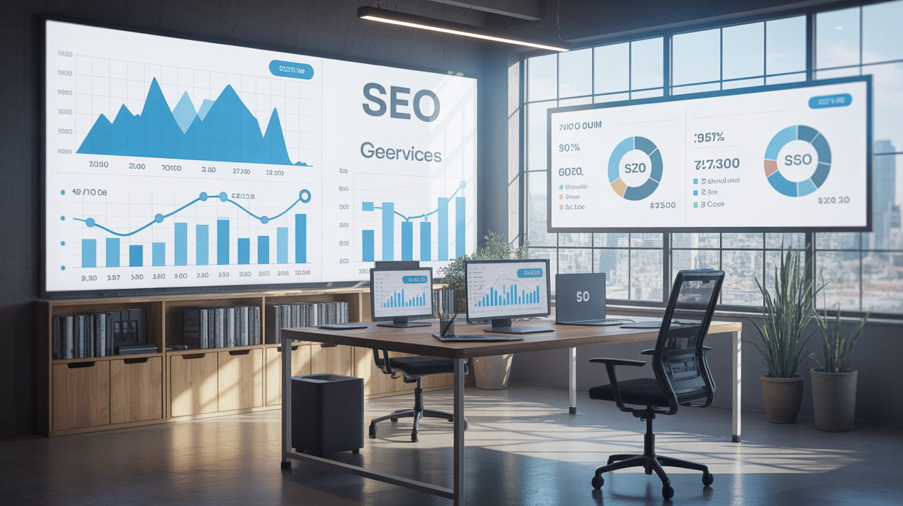 Beer Sheva office with SEO cost charts and basic tech tools.