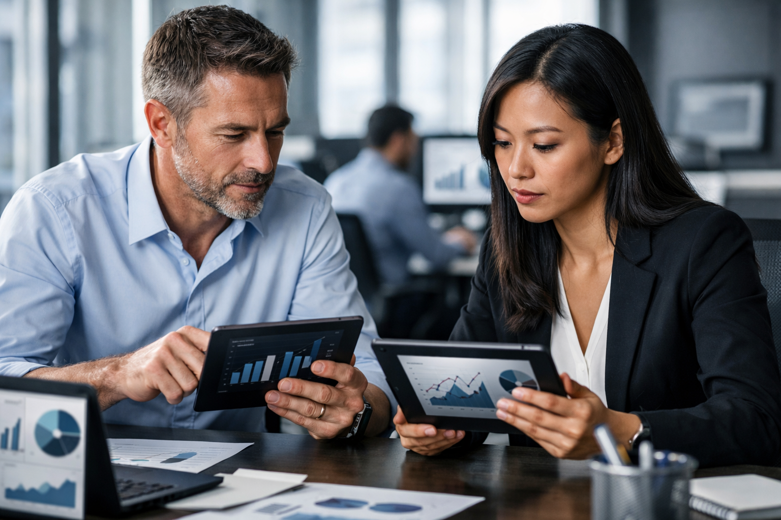 Procurement managers reviewing SEO reports on tablets, focused and collaborative.