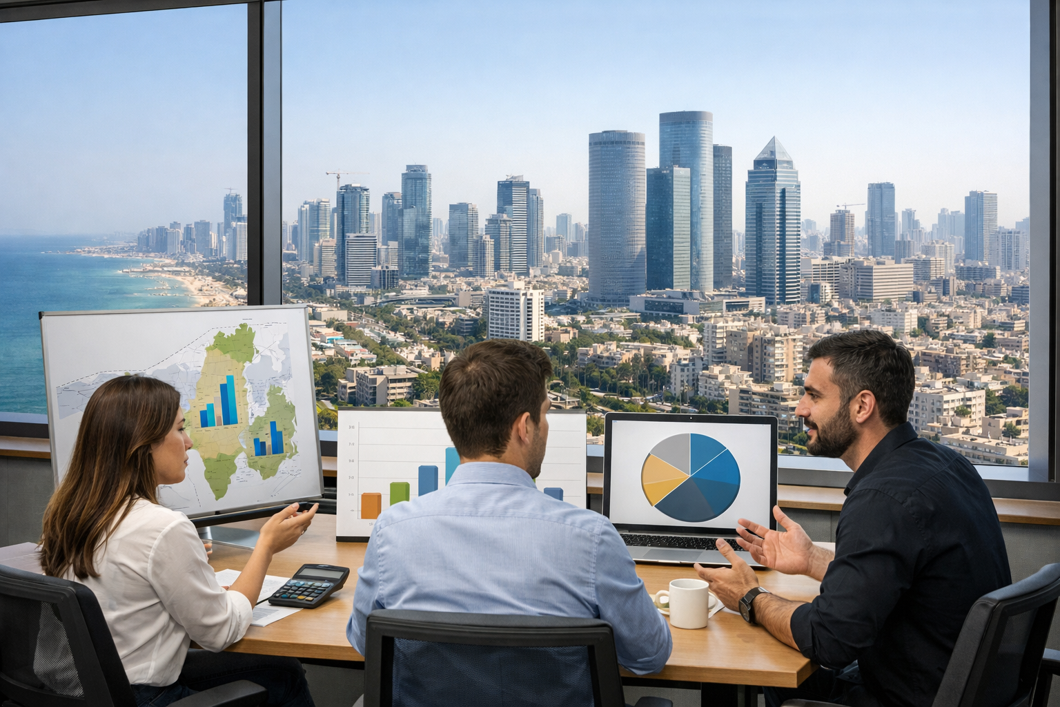 Office view with professionals discussing SEO fees across cities.