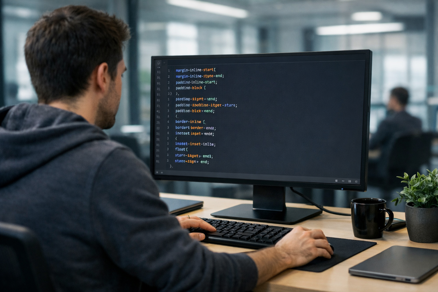 Developer coding RTL CSS properties on a computer screen in an office.