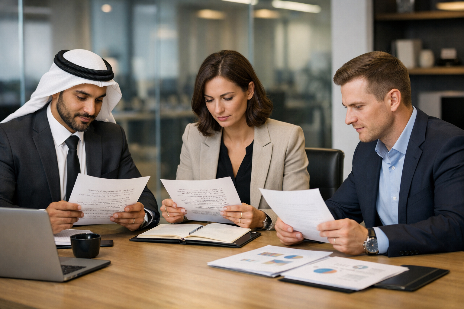 Three professionals in an office with trilingual documents.