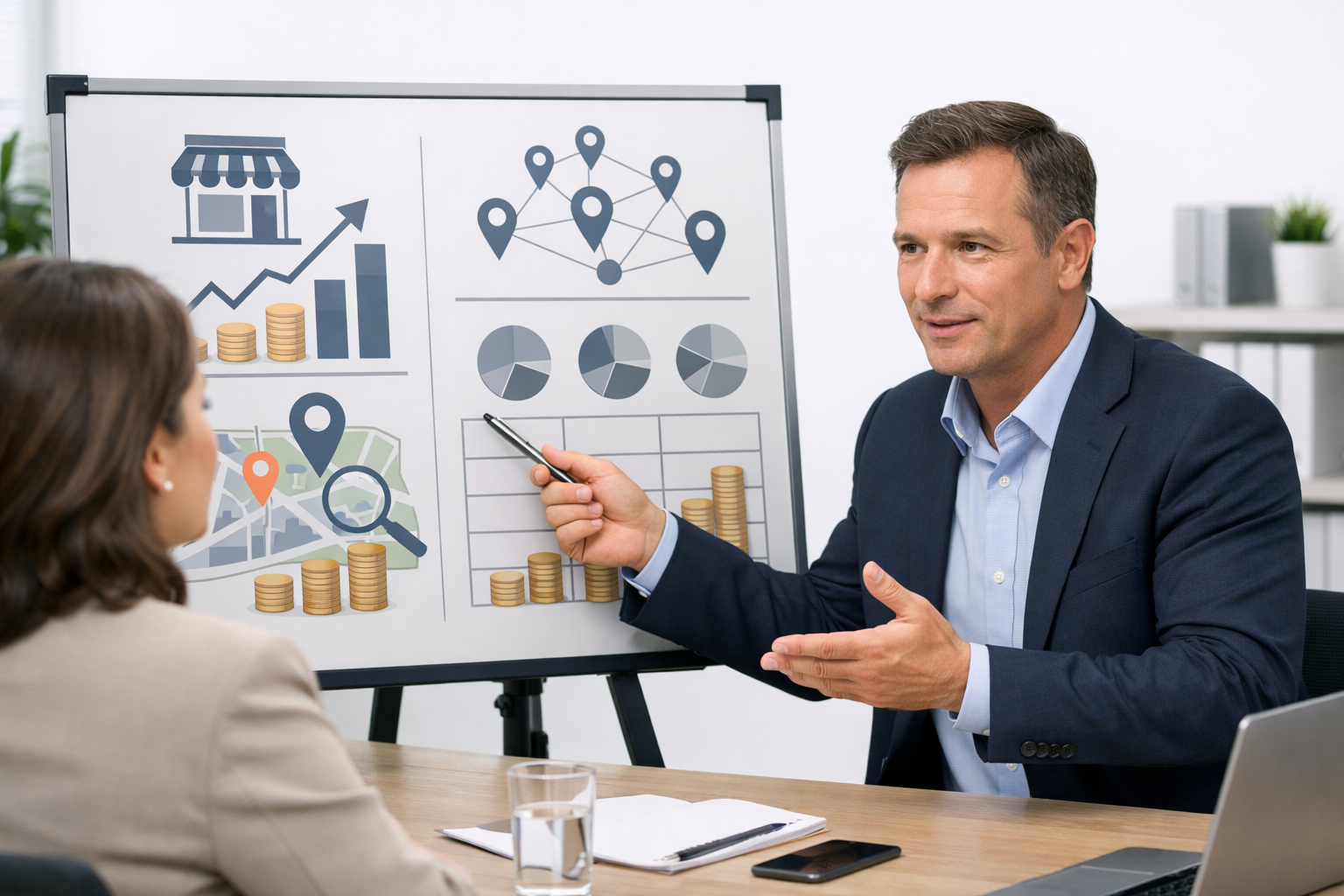 Consultant showing SEO pricing chart to client in office.