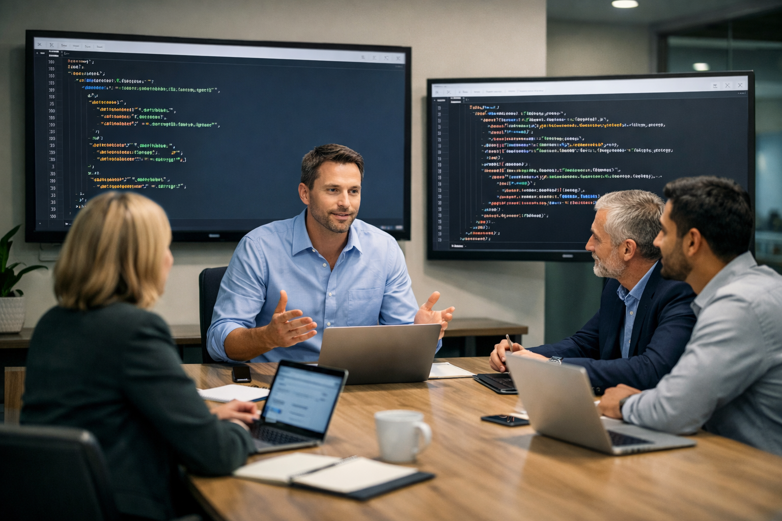 Team of experts discussing schema markup in professional office.