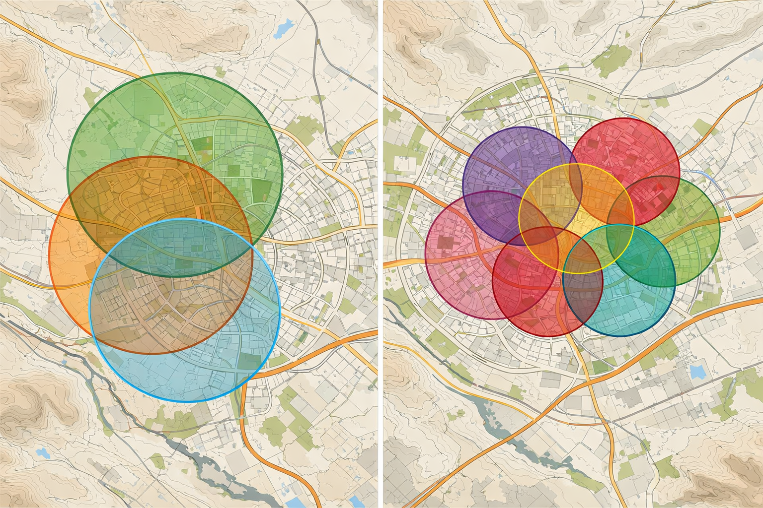 Topographic map of Beer Sheva with service area radii for businesses.