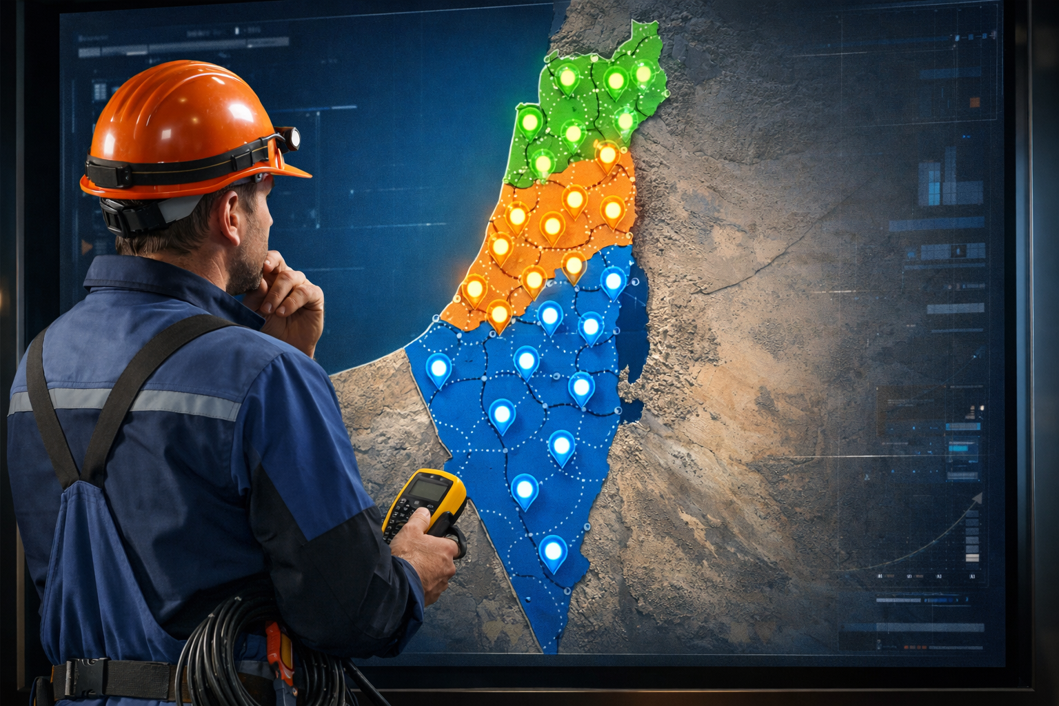 Map of Israel with service area pins viewed by electrician.