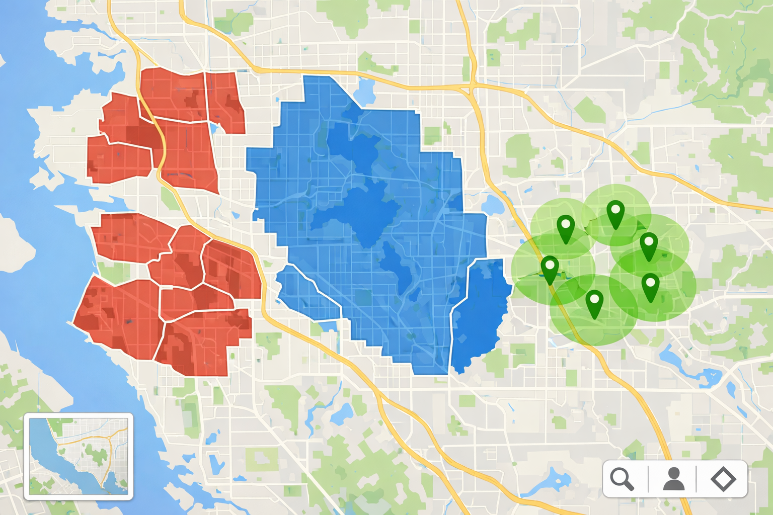 Digital map showing service areas with highlighted neighborhoods.