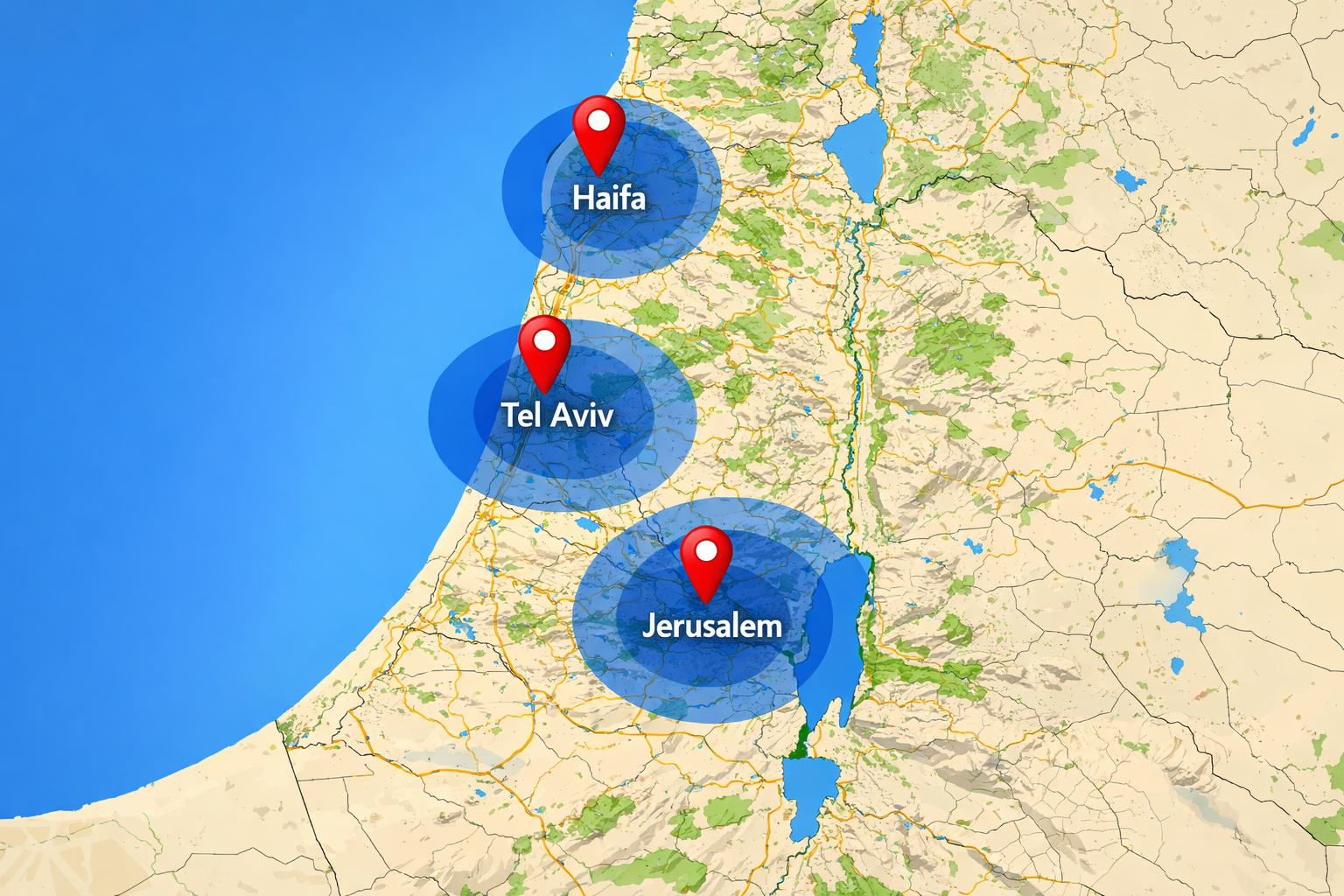 Map of Israel with highlighted service areas in Tel Aviv, Jerusalem, Haifa.