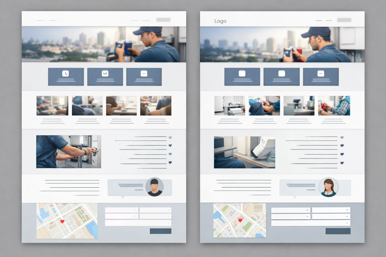 Split view of service page architecture for Hebrew and English content.
