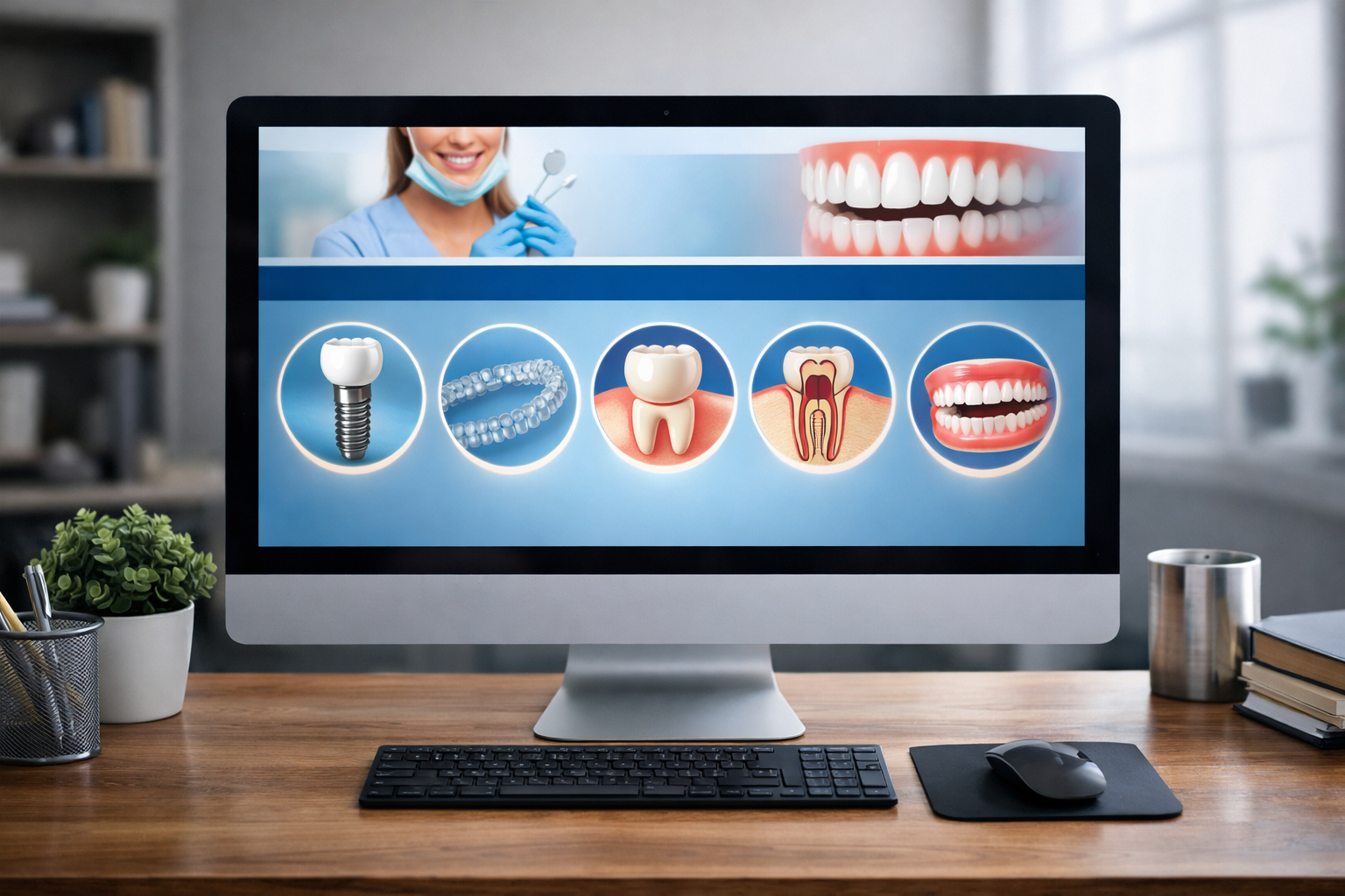 Screen with Hebrew dental service page and keywords.
