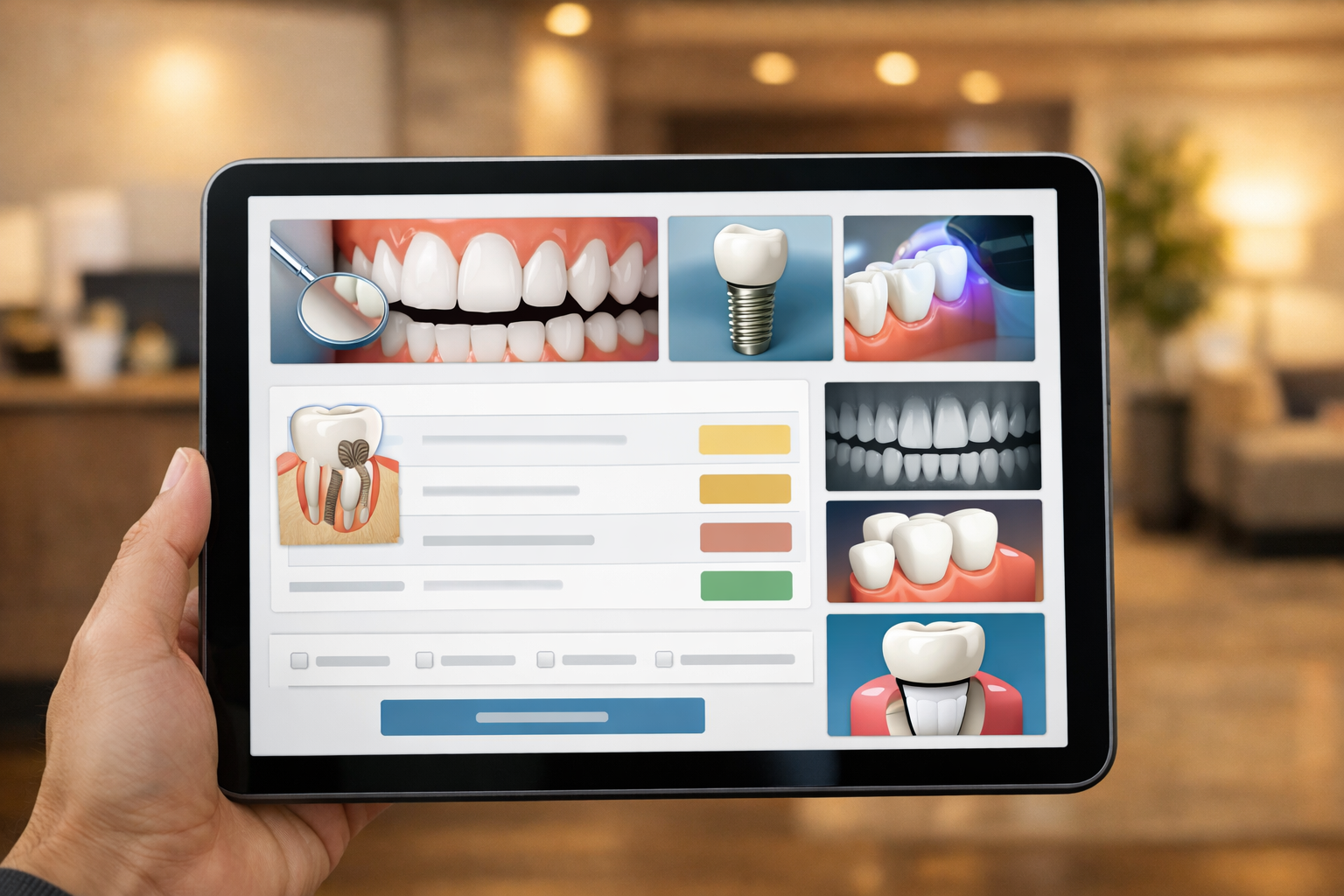 Tablet displaying dental service page with procedure and pricing info.