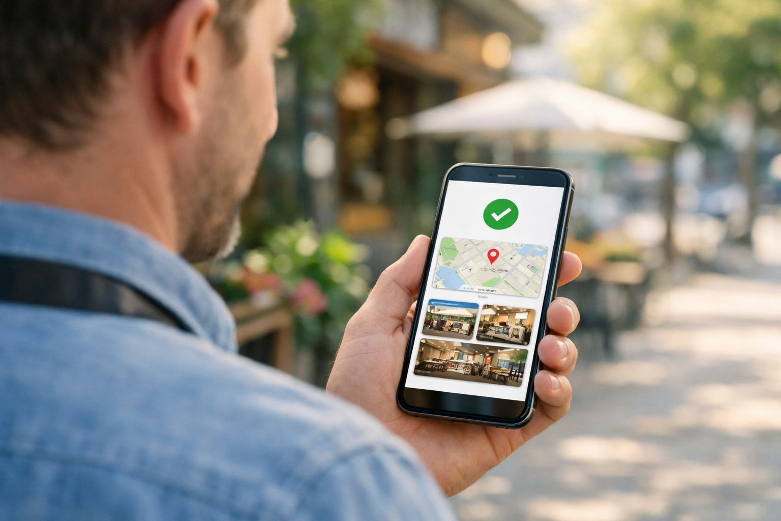Person verifying Google Business Profile on smartphone outdoors.