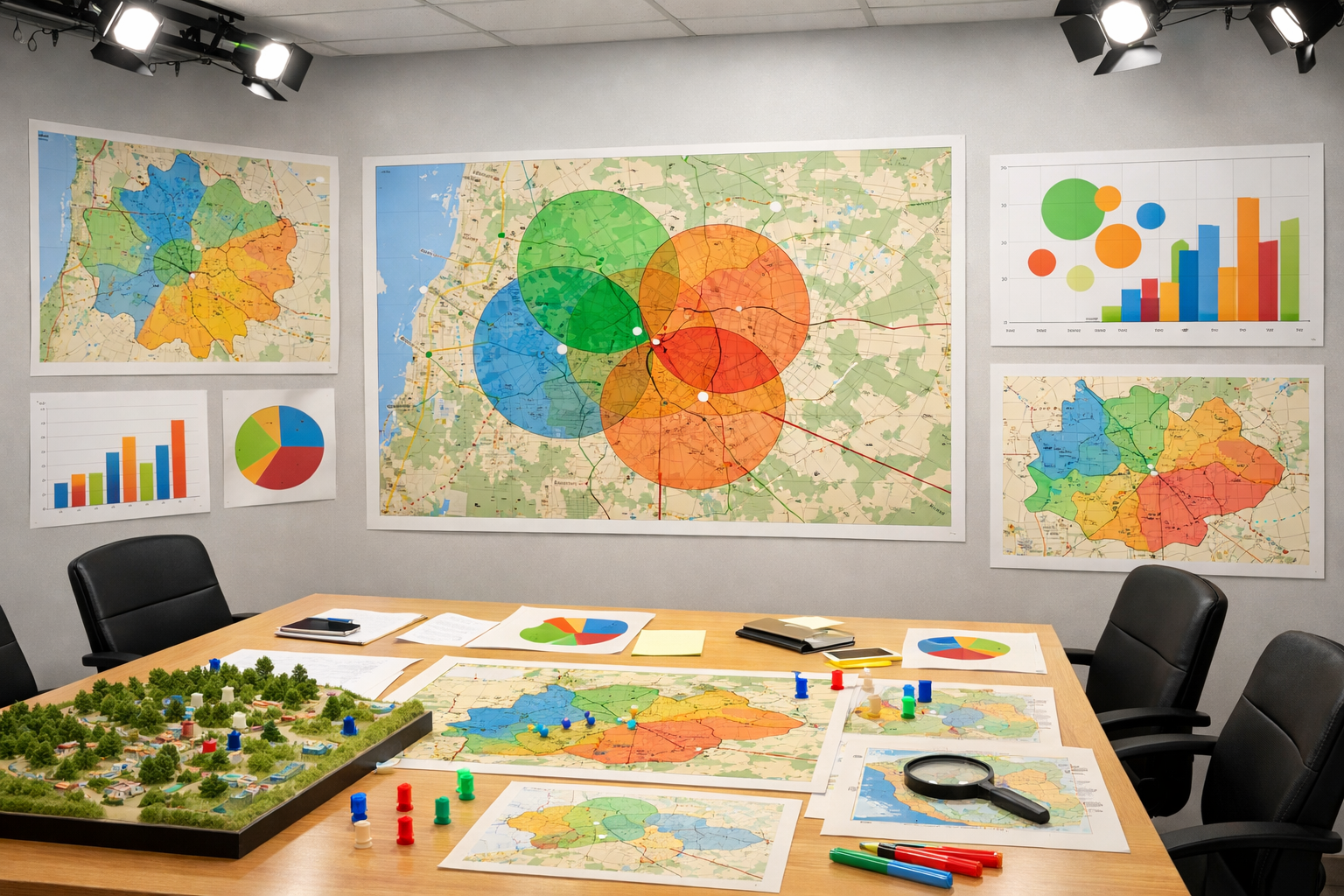 Planning room with maps and charts for service area planning.