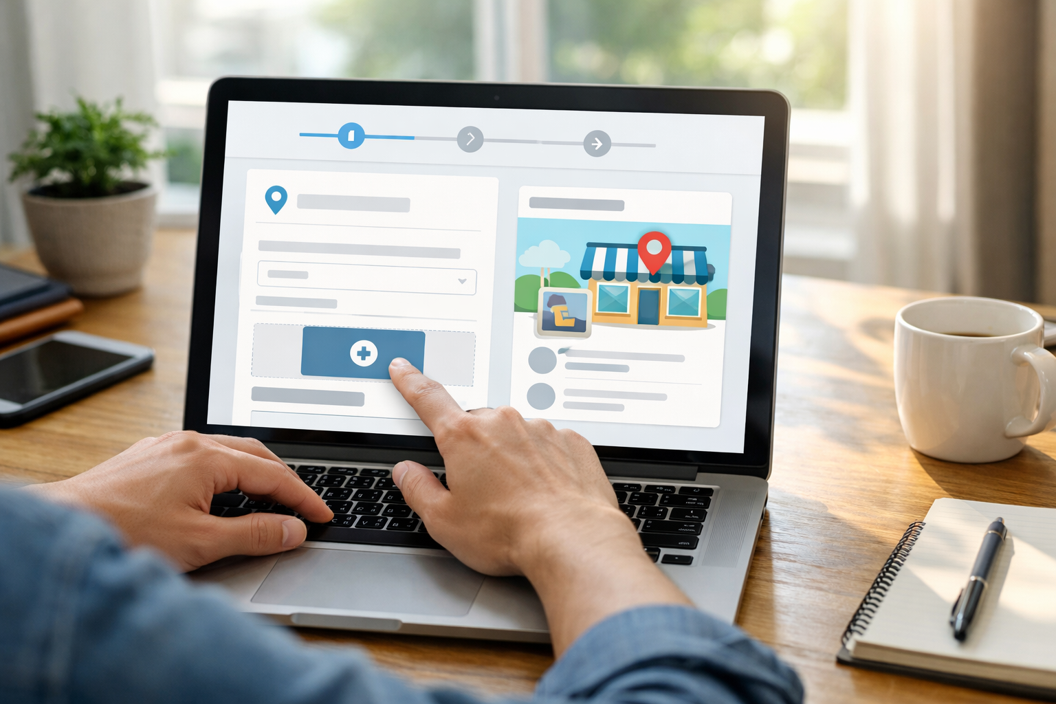 Person setting up Waze business profile on a laptop.