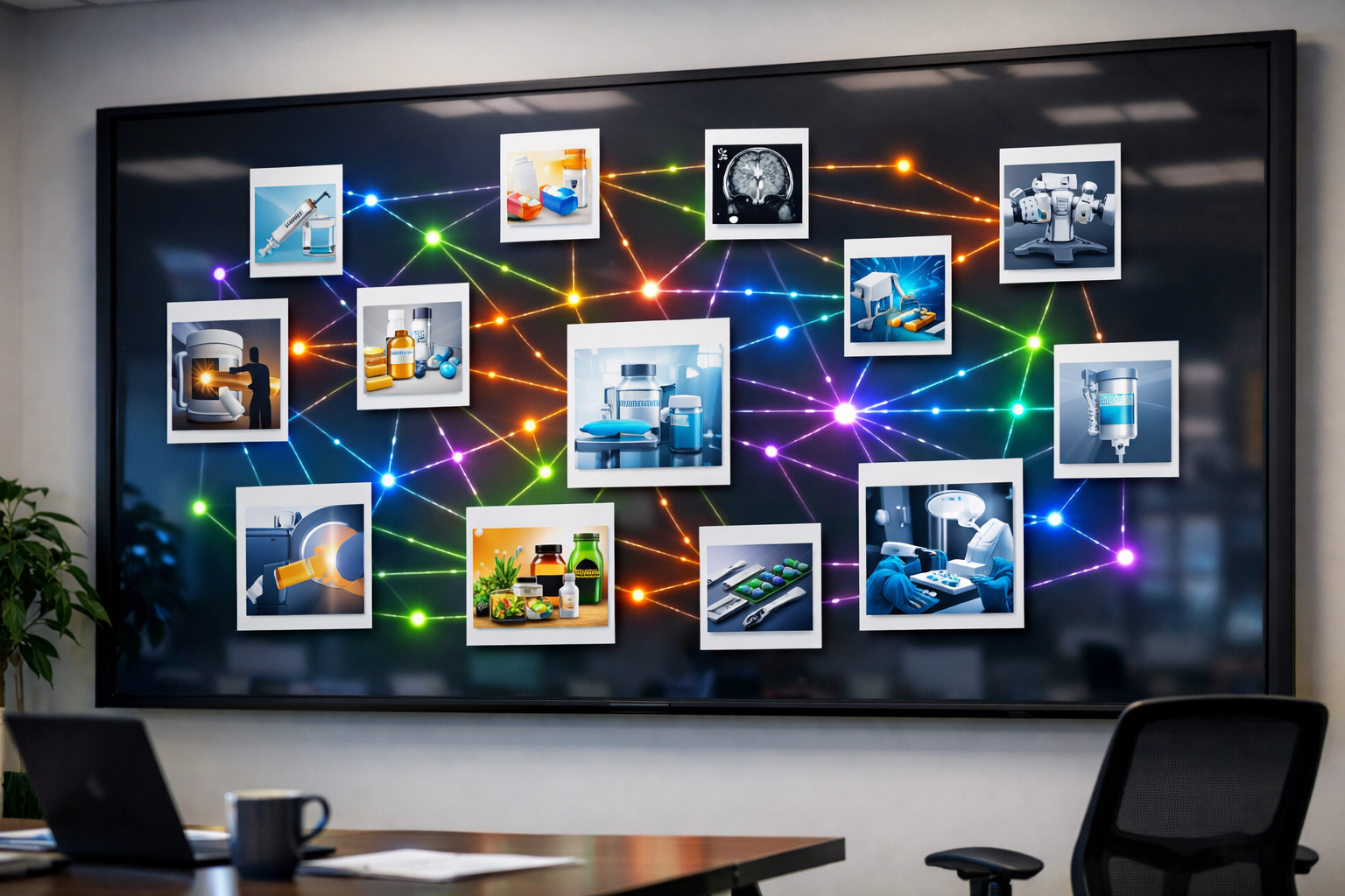 Large screen showing knowledge graph with medical treatment pages.