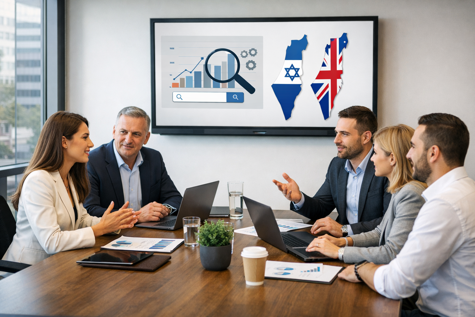 Business meeting discussing Hebrew and English SEO strategies in an office.