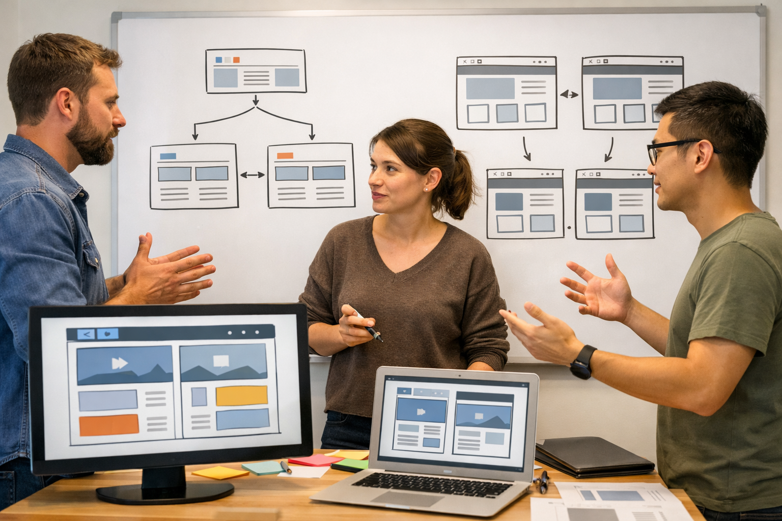 Web developers discussing bilingual and separate language website architecture.