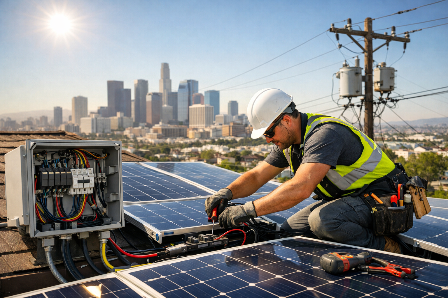 Electrician installing solar panels on a sunny rooftop.