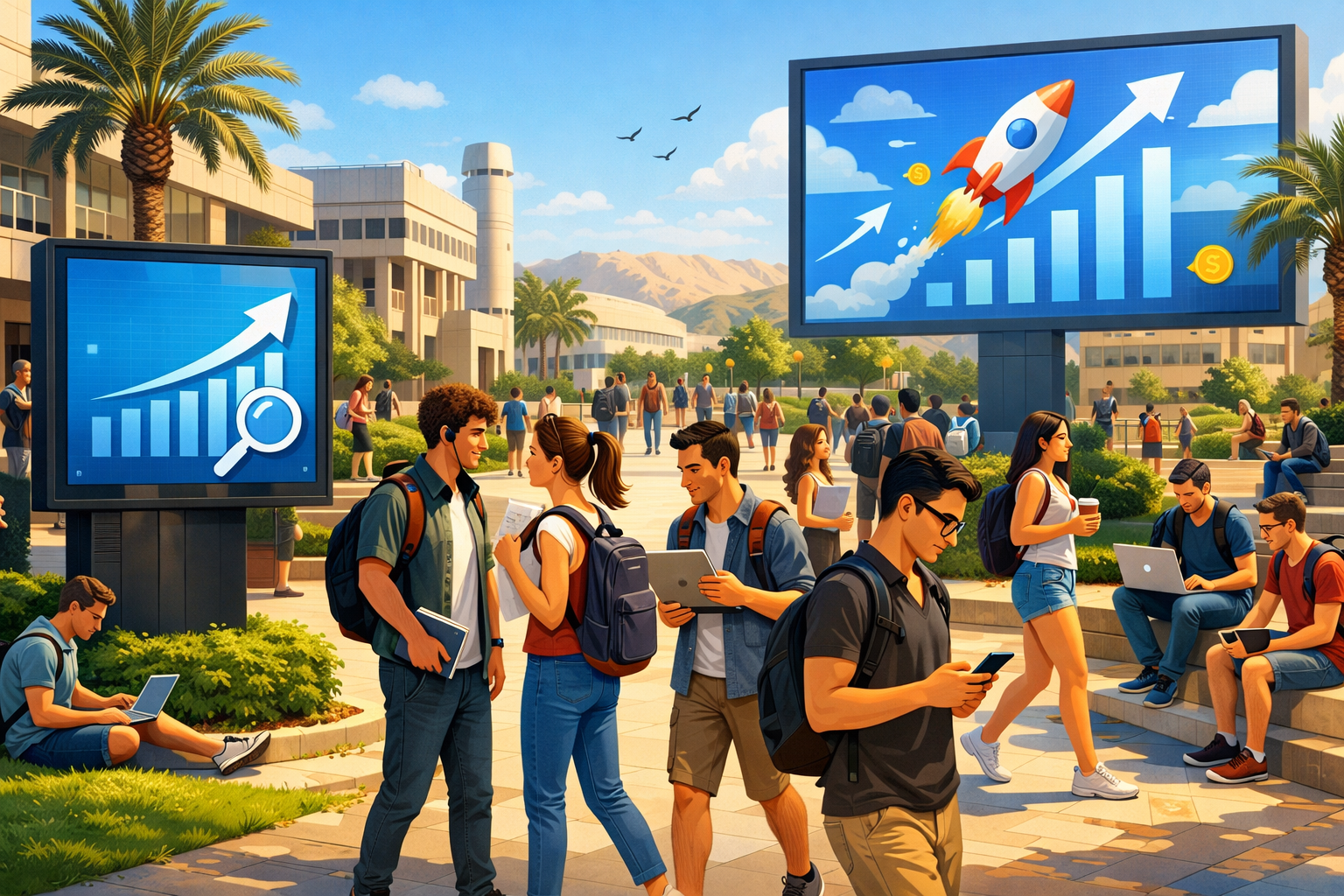Beer Sheva university students with digital ads and bustling campus.