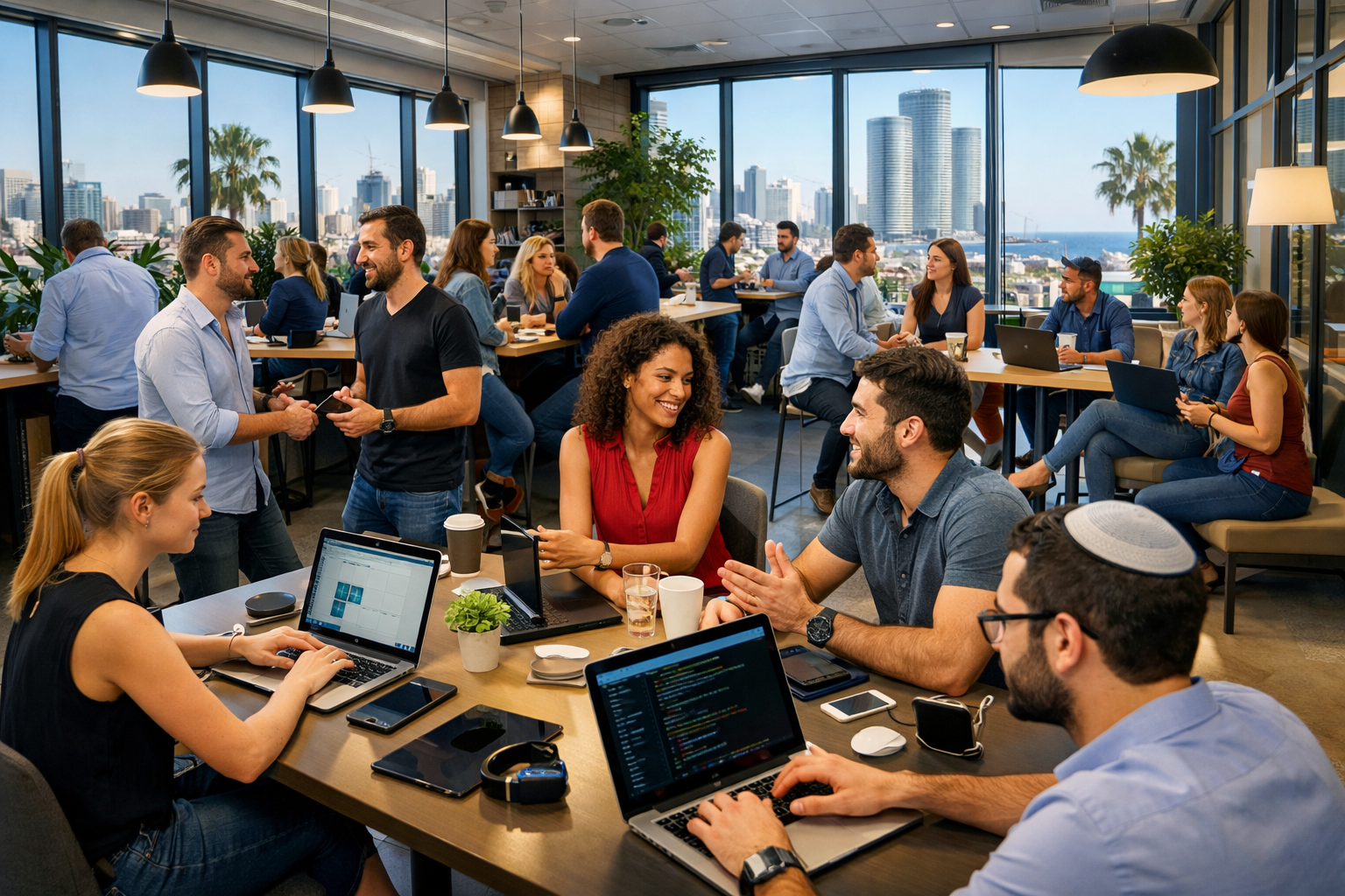 Tel Aviv co-working space with entrepreneurs networking, wide-angle view.