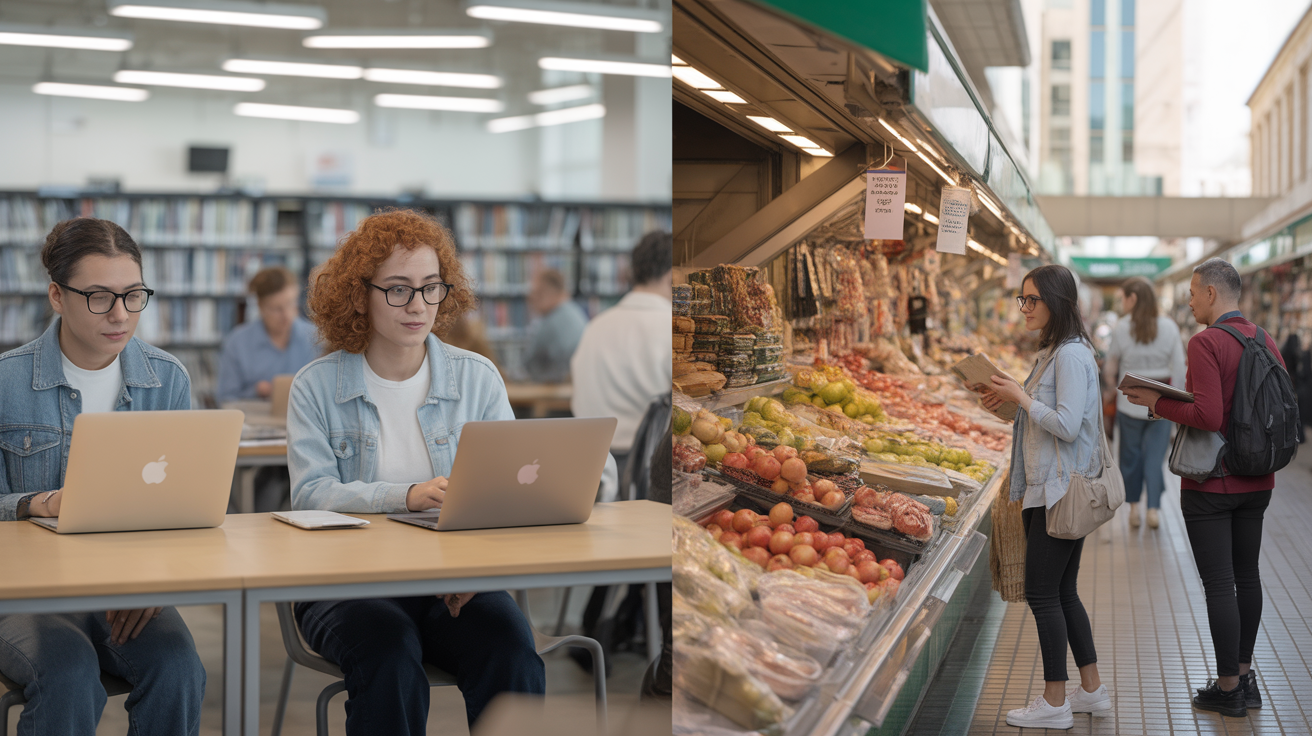 Beer Sheva students in library and residents at local market.
