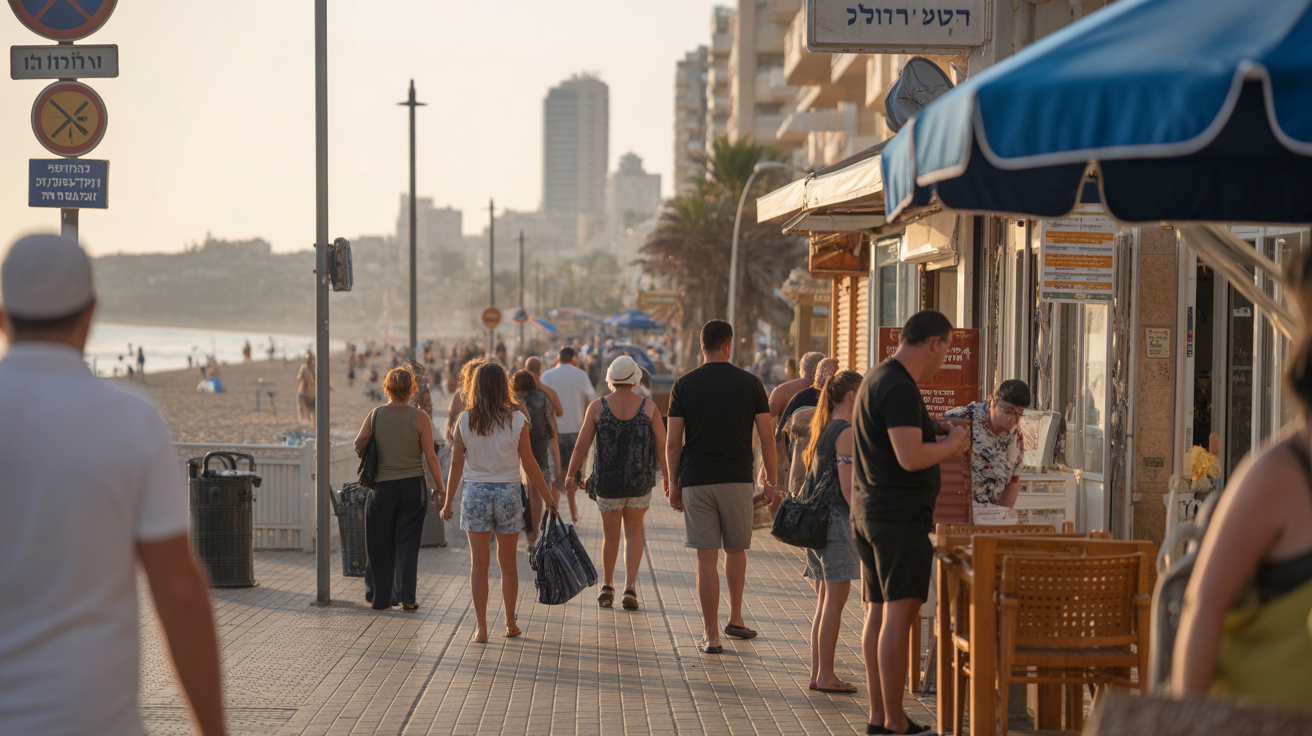 Netanya beachside with tourists and locals, multilingual signs.