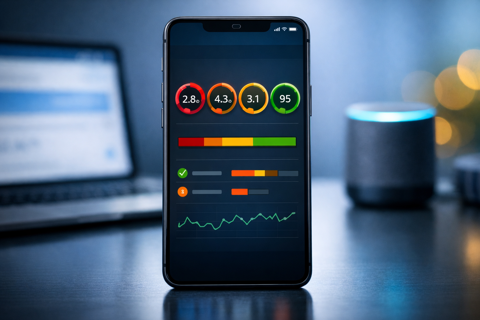 Smartphone showing website speed test results and metrics.