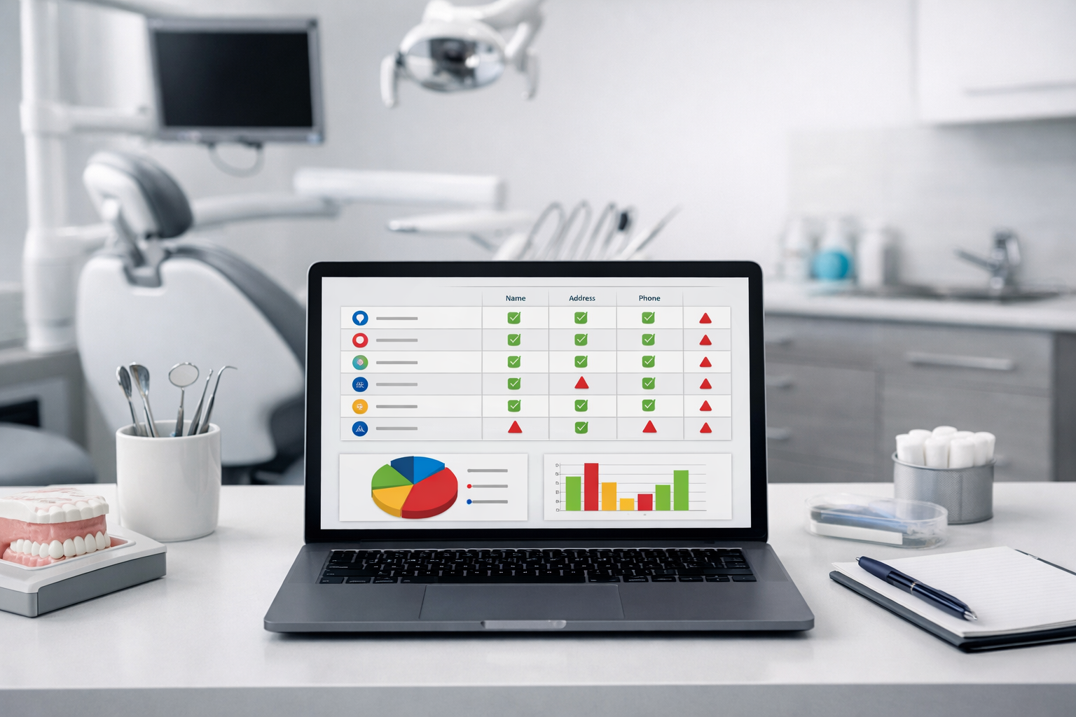 Laptop displaying NAP consistency check in a dental office.
