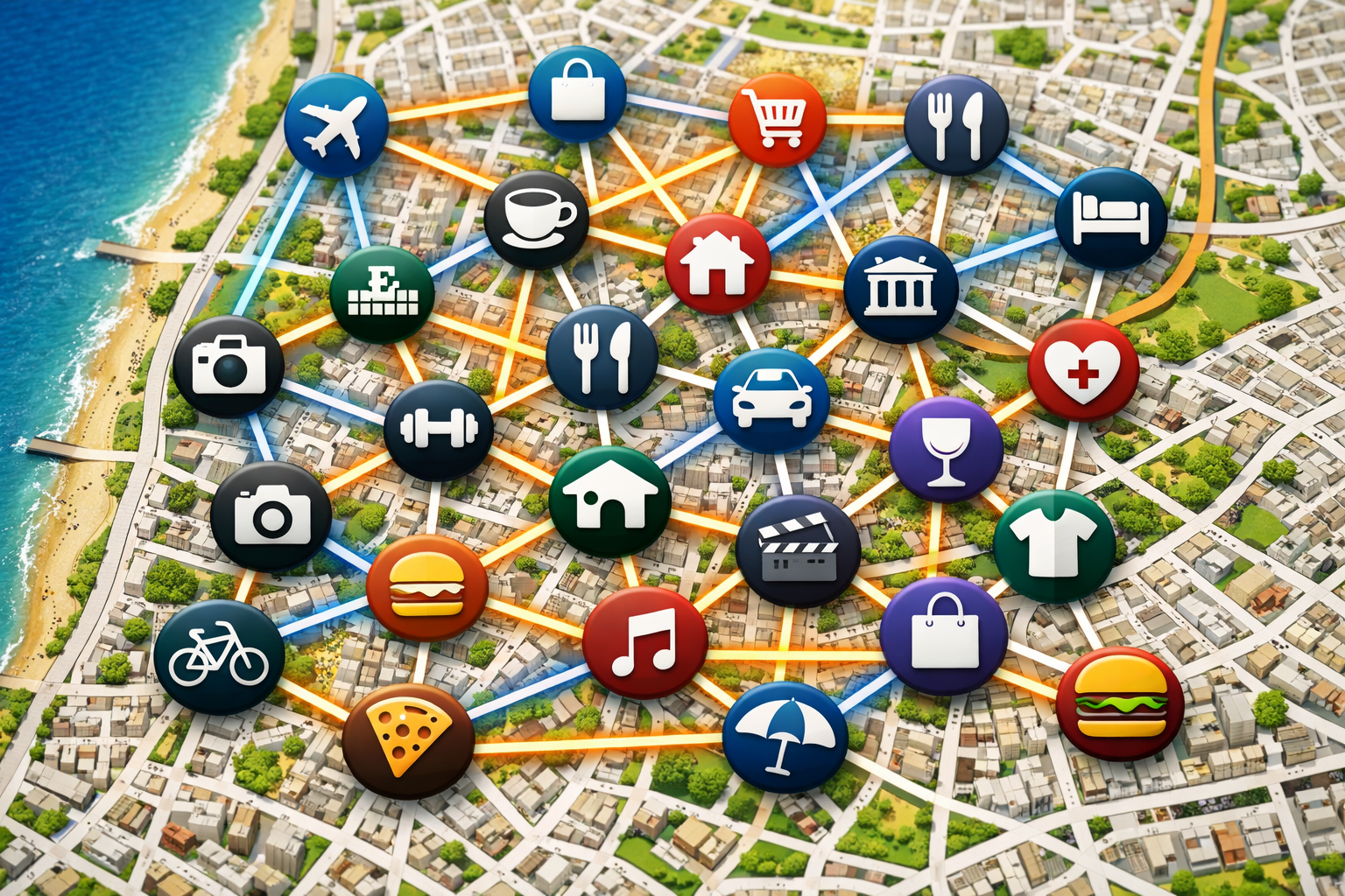 Digital map of Tel Aviv with business icons and interconnected lines.