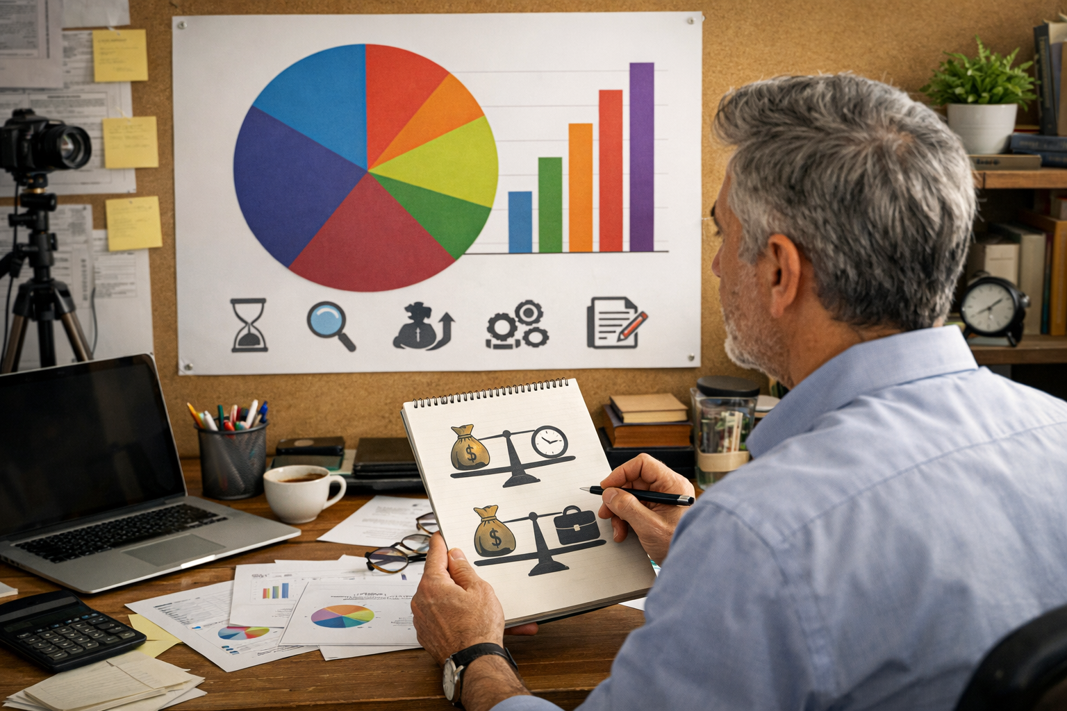 Workspace with chart showing SEO time investment and owner reviewing it.