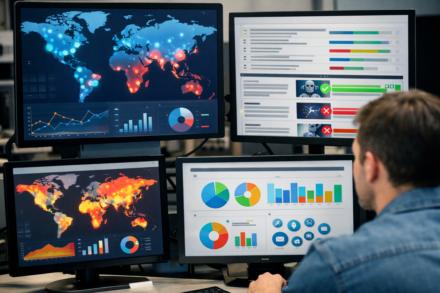 Screens show AI monitoring tools and citation alerts being reviewed.