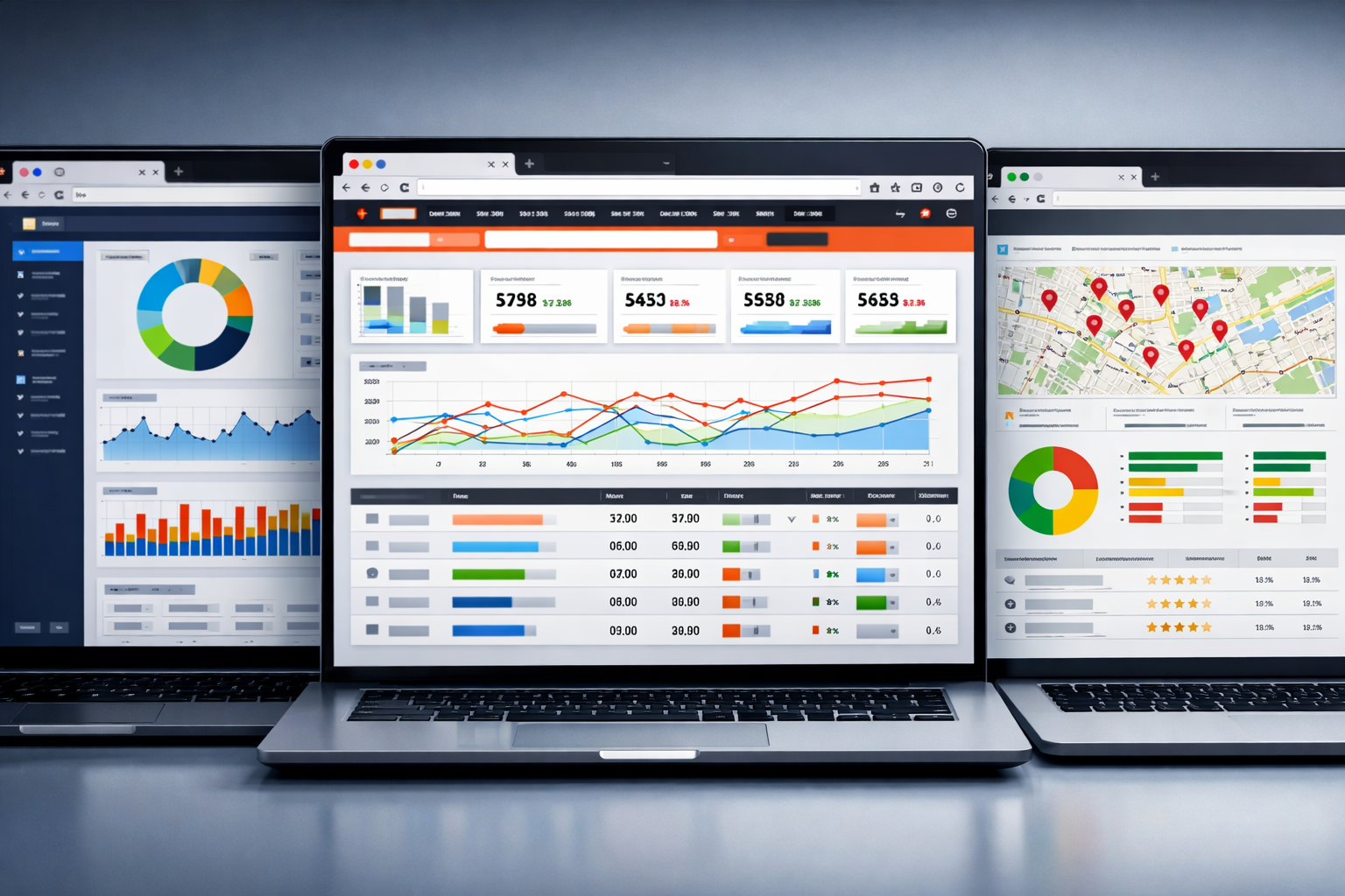 Screens showing SEO tools like Ahrefs and SEMrush in a workspace.