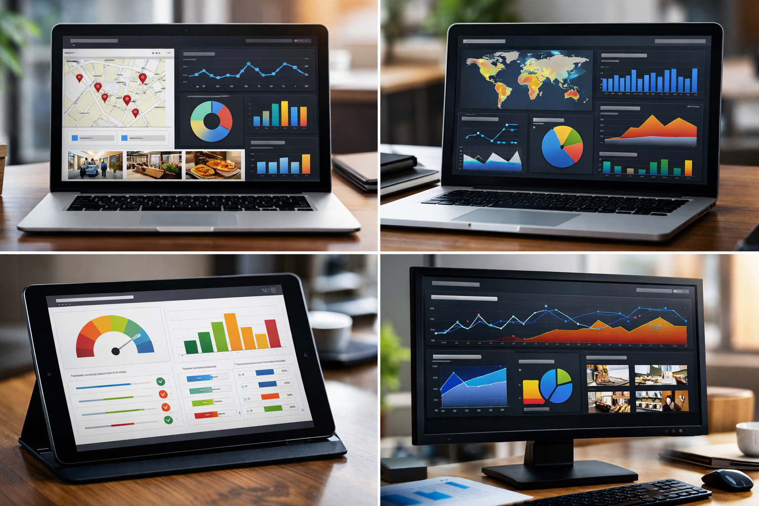 Various digital tools for Google Business optimization on screens.