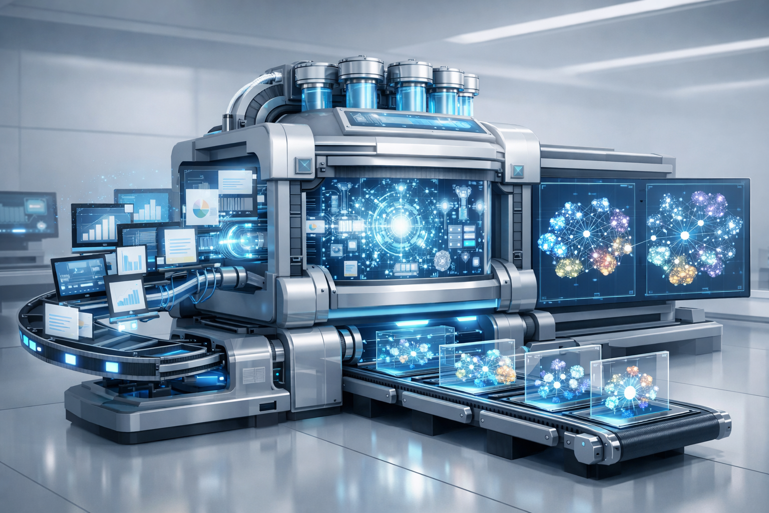 Machine visualizing data input and output of content cluster maps.
