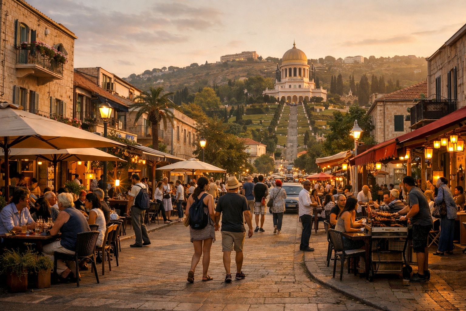 German Colony in Haifa with businesses and tourists in a busy scene.