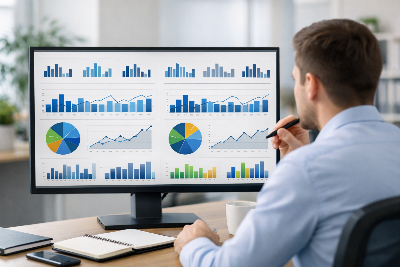 Analyst reviewing voice search performance metrics on a large monitor.