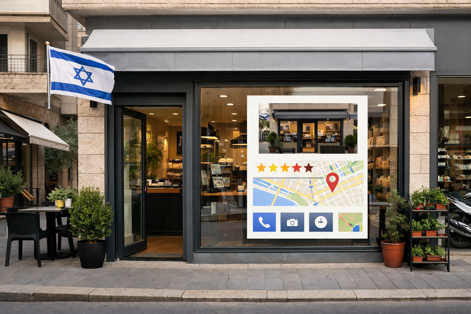 Israeli business storefront with a visible Google Business Profile sign.