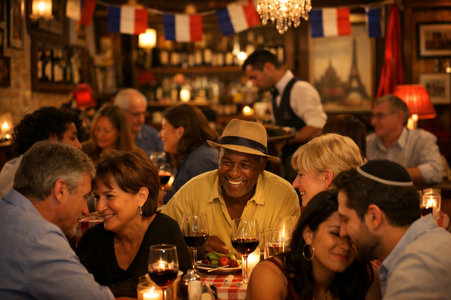 French restaurant in Netanya with diners speaking French, lively ambiance.