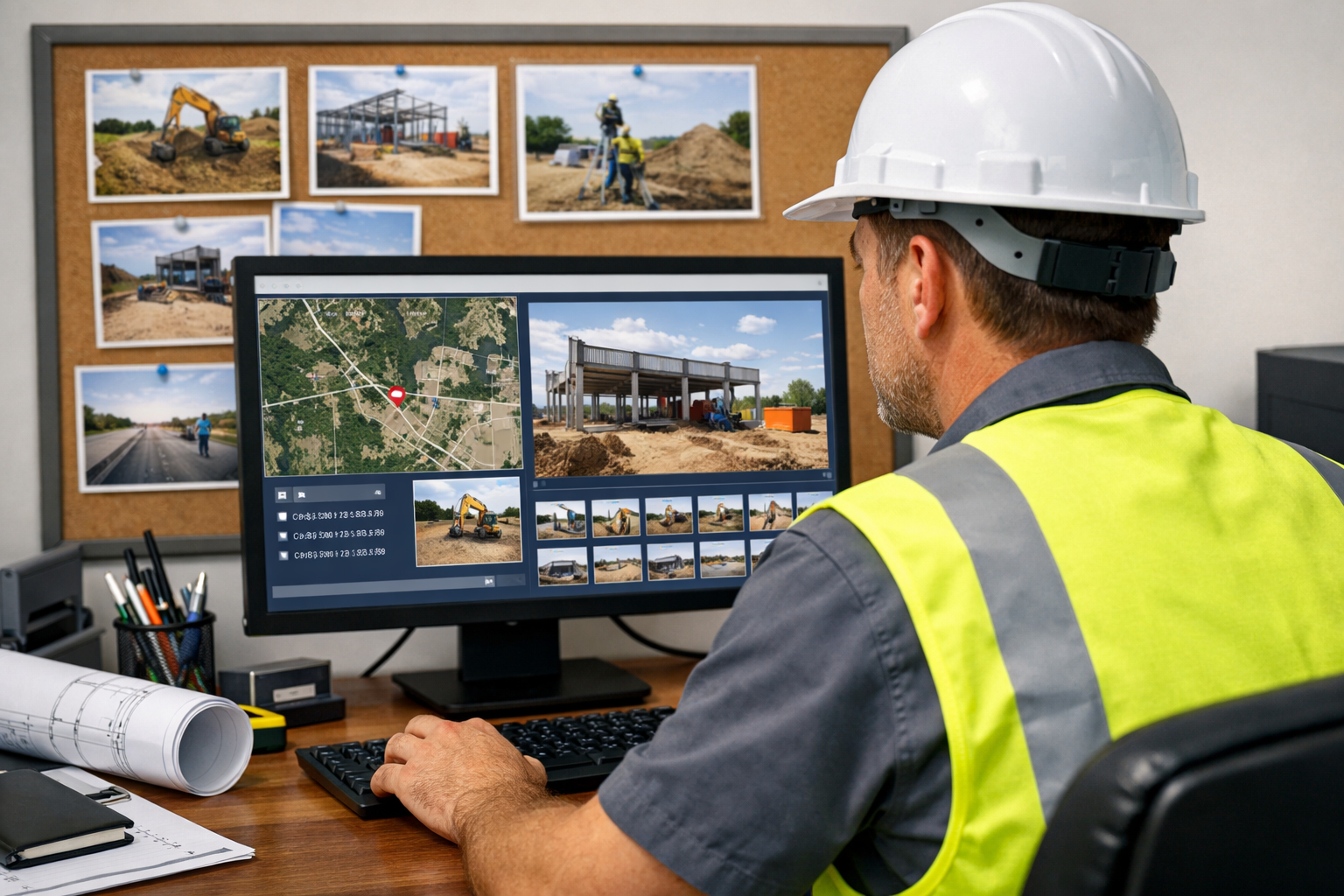 Contractor using software for geo-tagging construction photos with GPS.