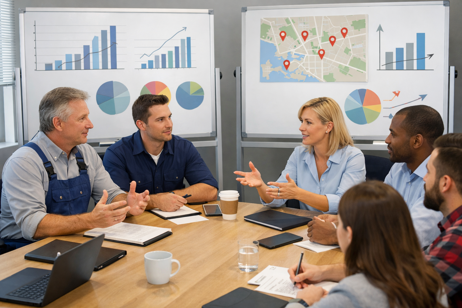 Business meeting in office with growth charts on whiteboards.