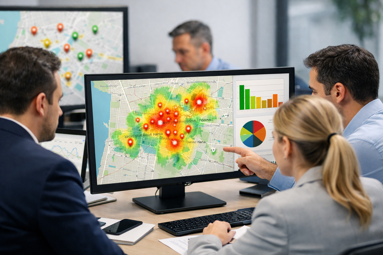 Professionals analyzing search data on screens in an office setting.