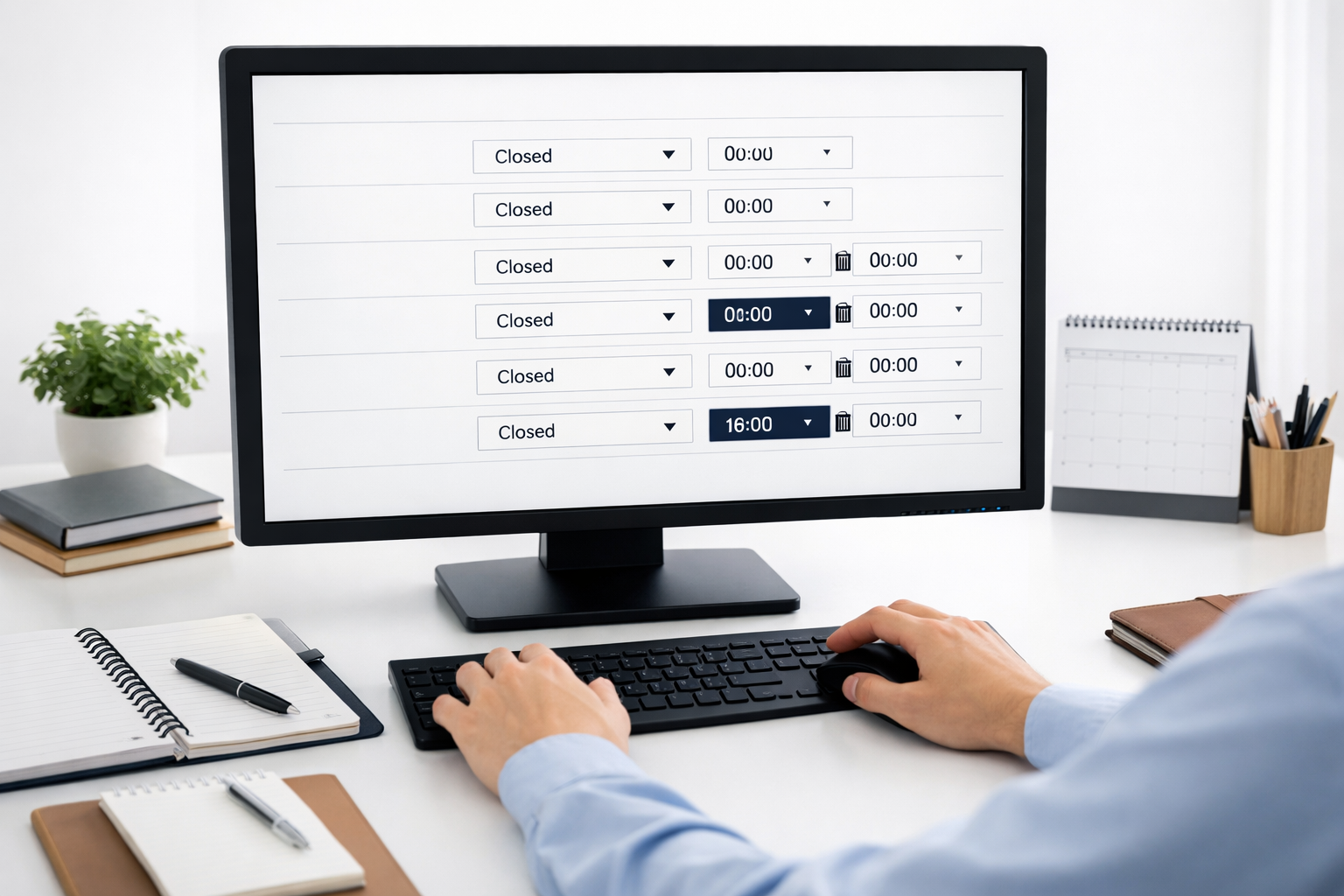 Person updating business hours on a computer in an office setting.