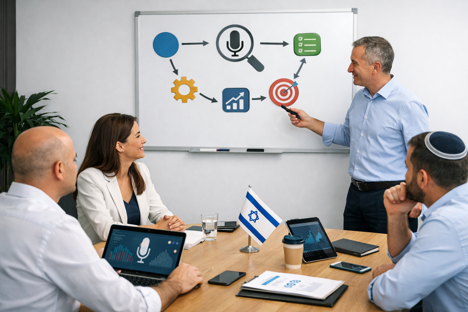 Israeli professionals in meeting discussing voice search optimization.