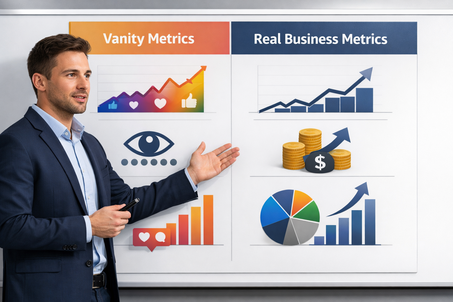 Strategist showing board of vanity vs real metrics.